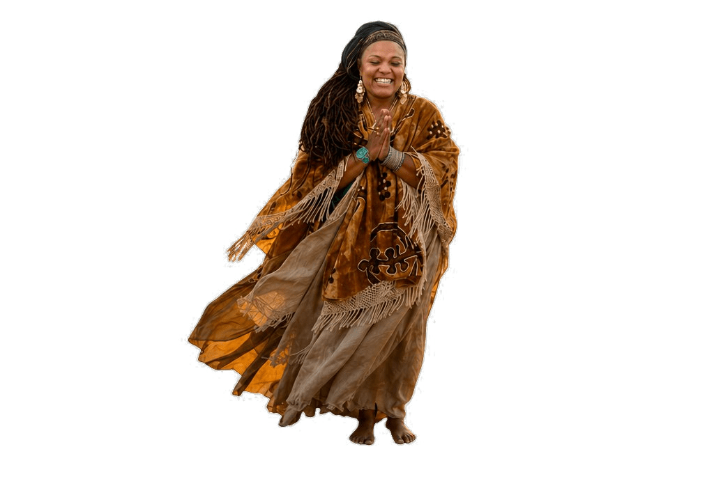 Amikaeyla Gaston in a flowing golden poncho, hands at her heart in prayer, on the shoreline at sunset