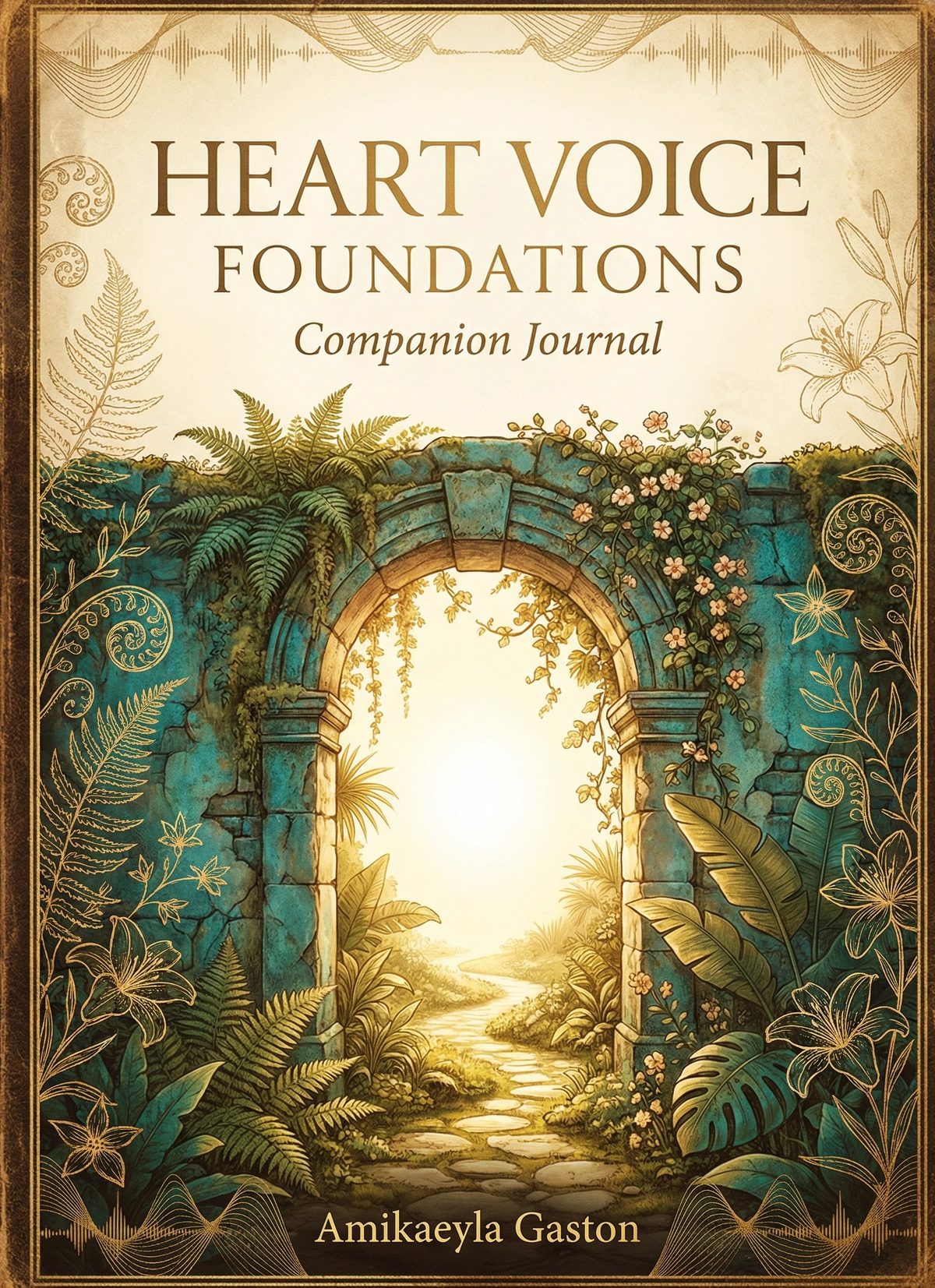 Heart Voice Foundations Companion Journal cover - watercolor archway through stone and gold botanical illustrations