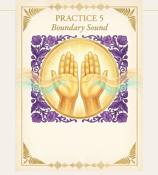 Practice 5, Boundary Sound - golden uplifted hands surrounded by purple flowers