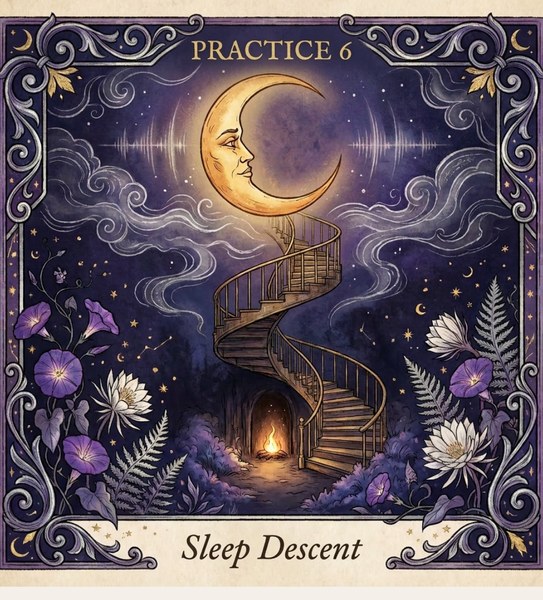 Practice 6, Sleep Descent - crescent moon and spiral staircase under indigo night sky